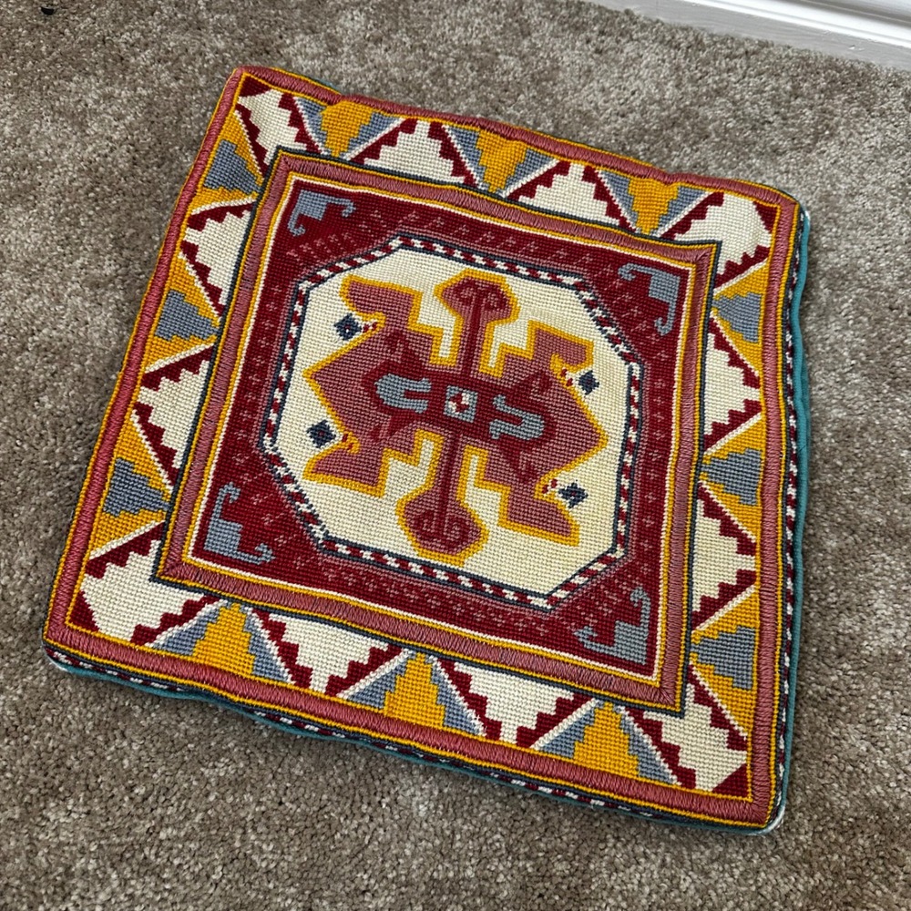 Vintage Handmade Needlepoint Geometric Tribal Pillow Cover Teal Velvet 13x13
